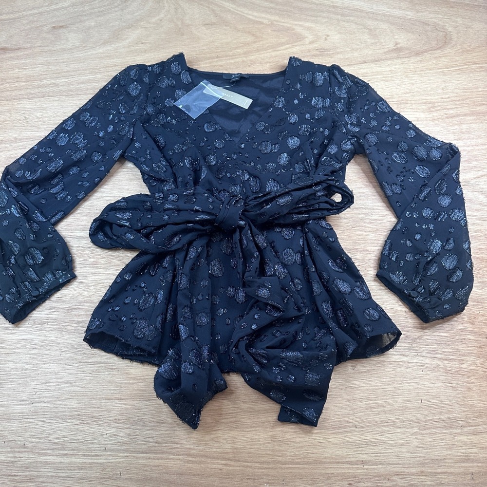 J.Crew XS Black Metallic Jacquard Smocked Waist Tie Front Blouse NWT